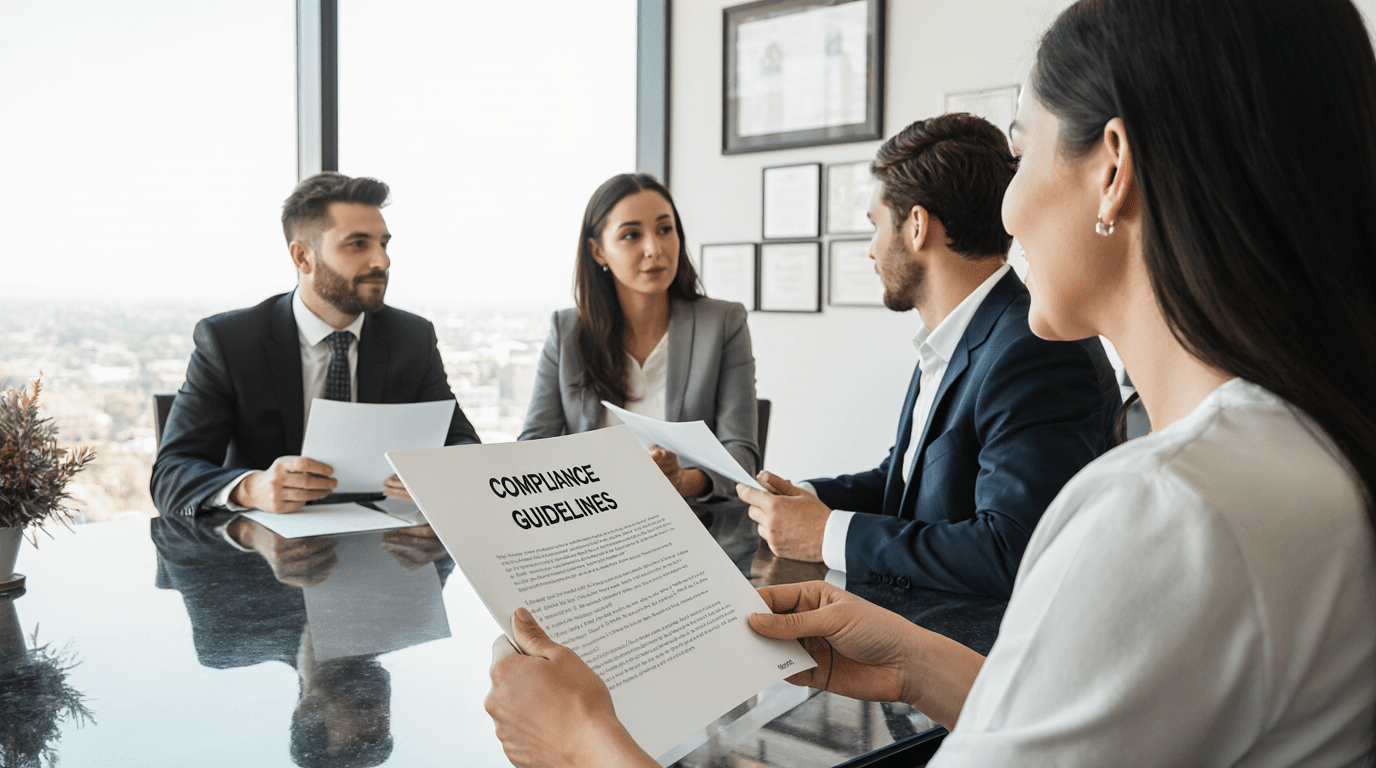 professionnels qui discutent autour d'une table et qui tiennent un document intitulé compliance guidelines