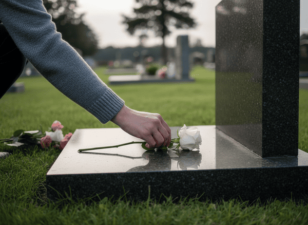 photo d'une personne qui dépose une fleur sur une tombe