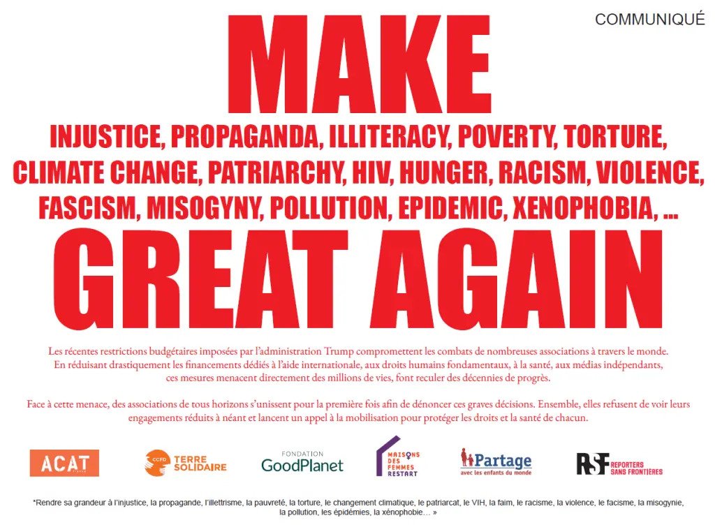 campagne ong make hunger patriarchy climate change illiteracy propaganda great again