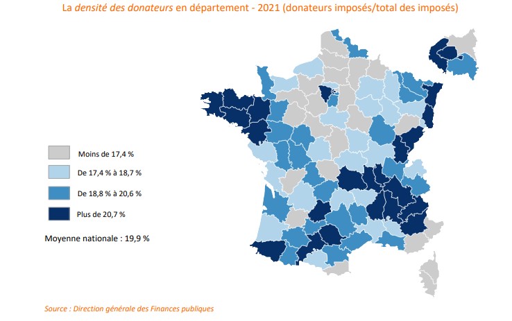 densité de donateurs par département - Étude 2022 sur les dons déclarés 2021 – Recherches et Solidarités